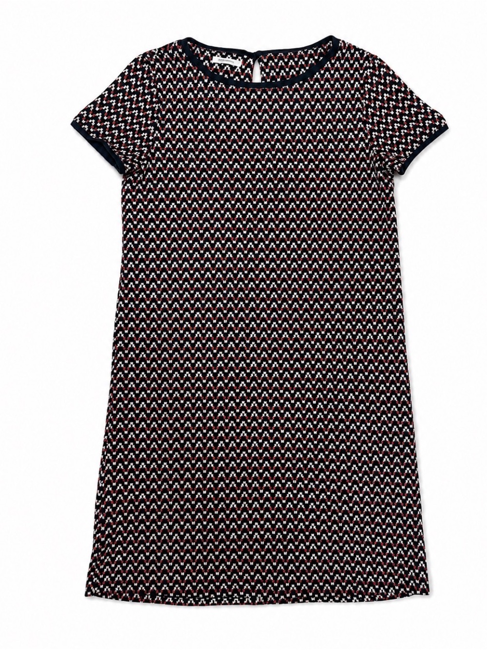 Promod Shift Dress Medium Black Red White Geometric Knit Short Sleeve Midi